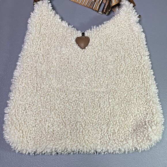 Sherpa Leather Womens Hobo Bag Cream Brown Gold Accents Plush Made in Italy - Picture 8 of 16